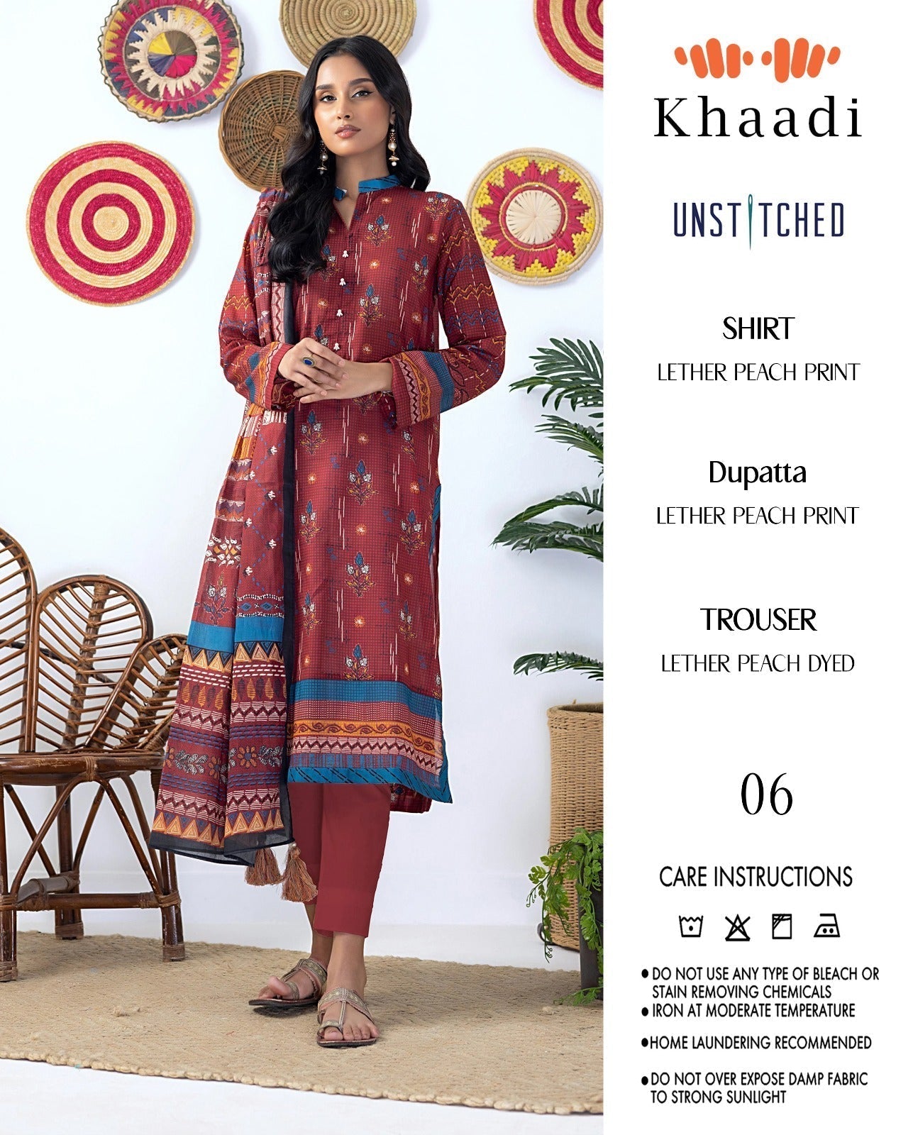 KHAADI LEATHER PEACH PRINTED 3PC SUIT