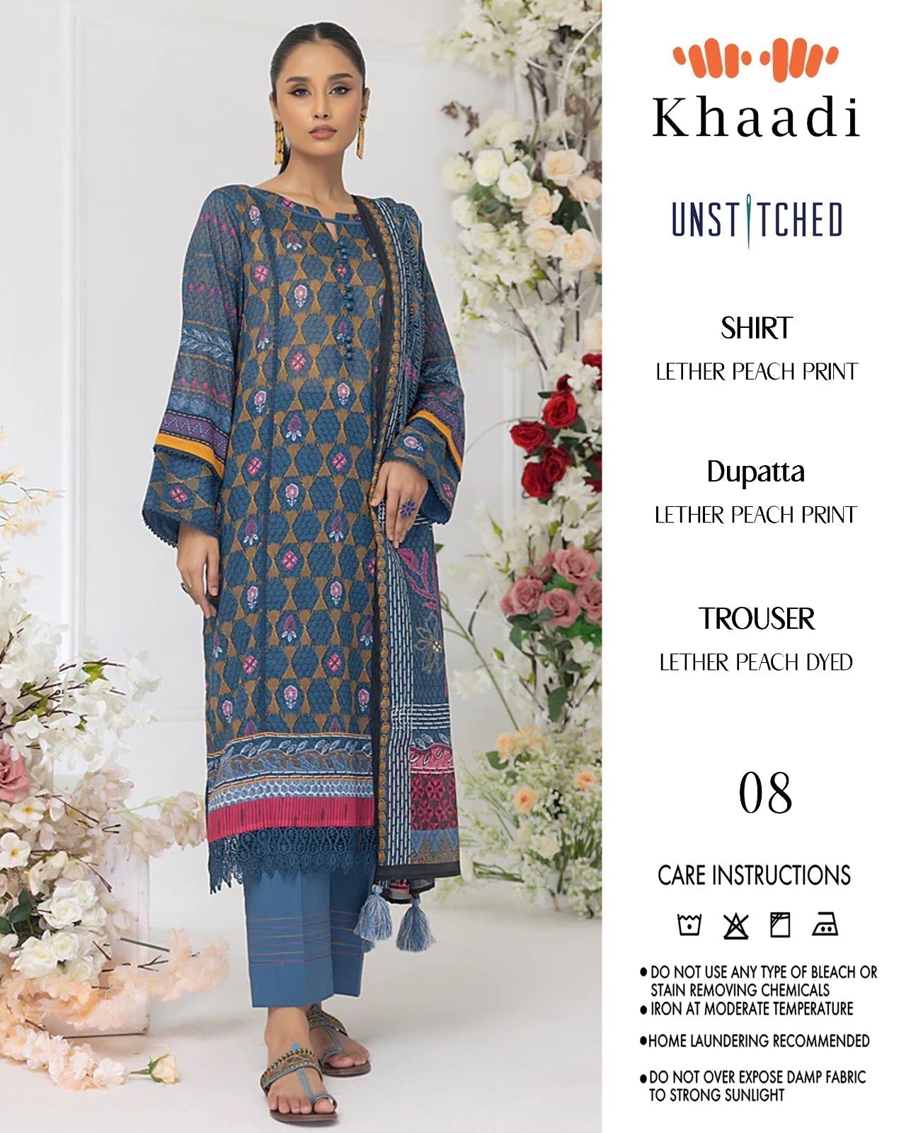 KHAADI LEATHER PEACH PRINTED 3PC SUIT