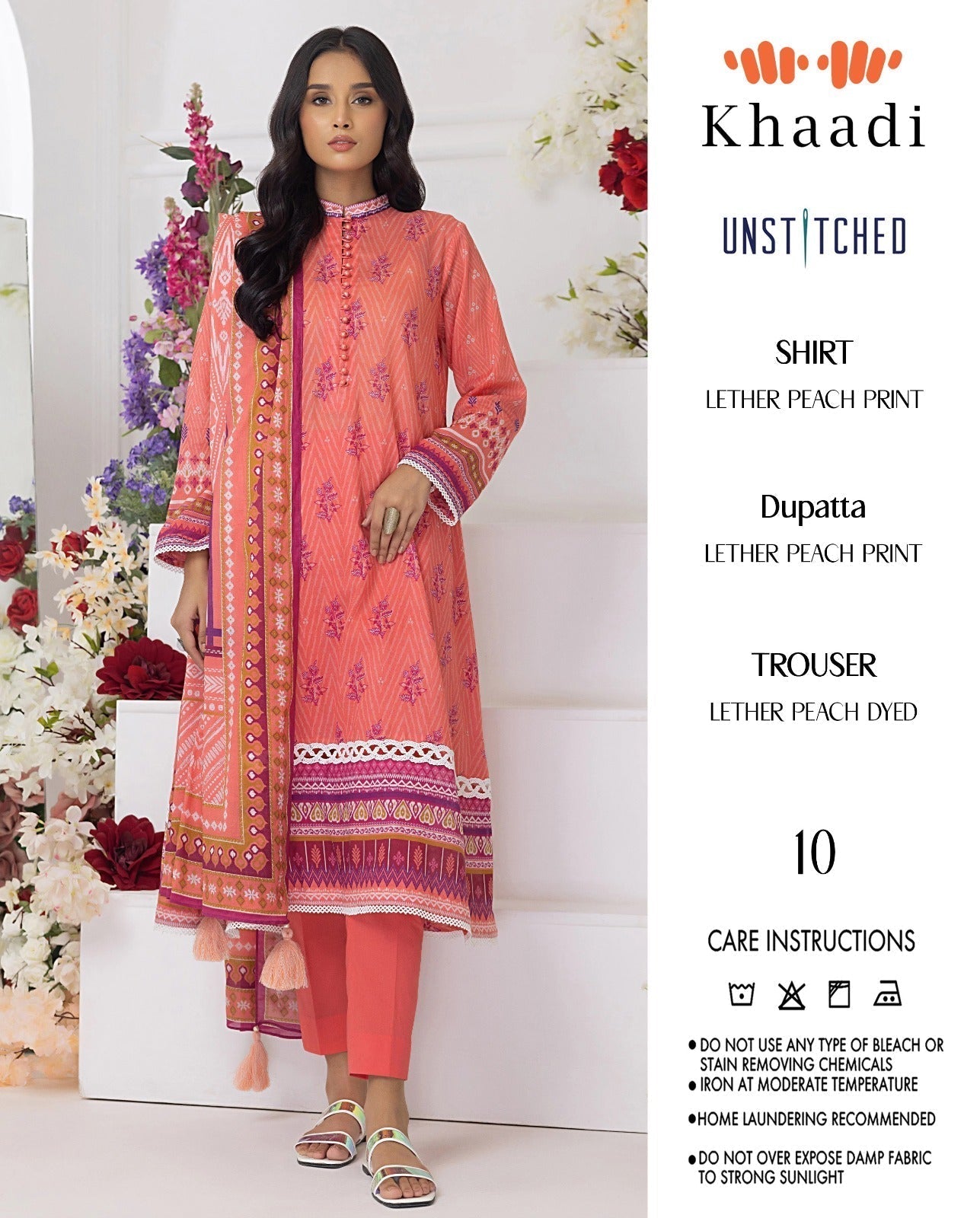 KHAADI LEATHER PEACH PRINTED 3PC SUIT